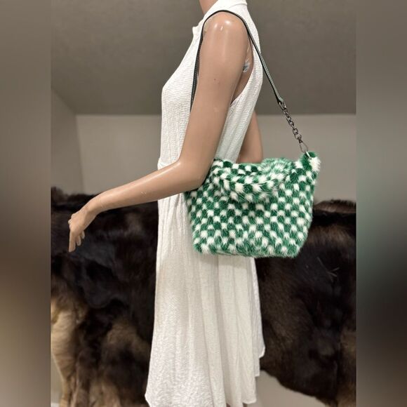 Colorblock Checkerboard Handmade Genuine Mink Fur Top Handle Bag/Crossbody - Picture 4 of 15